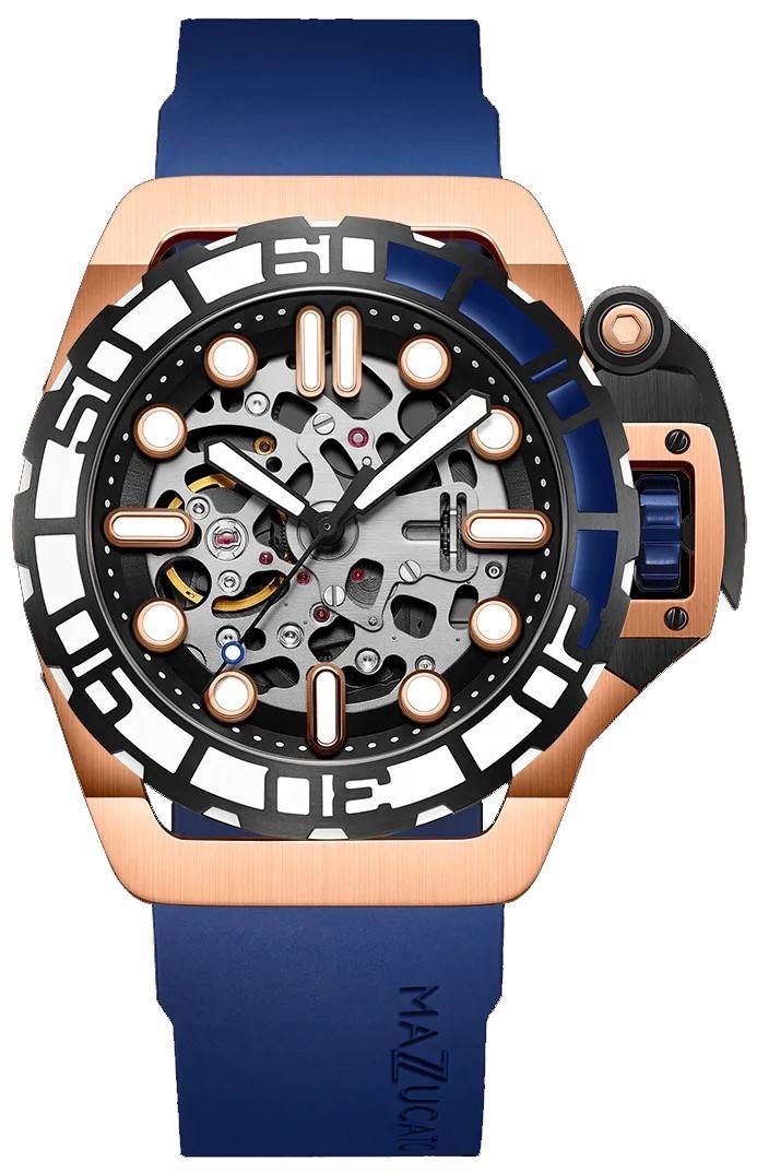 Mazzucato RIM Sub Blue And Rose Gold Skeleton Dial. A brand-new Mazzucato RIM watch featuring a Gold Skeleton dial and a Rubber strap. Front view.