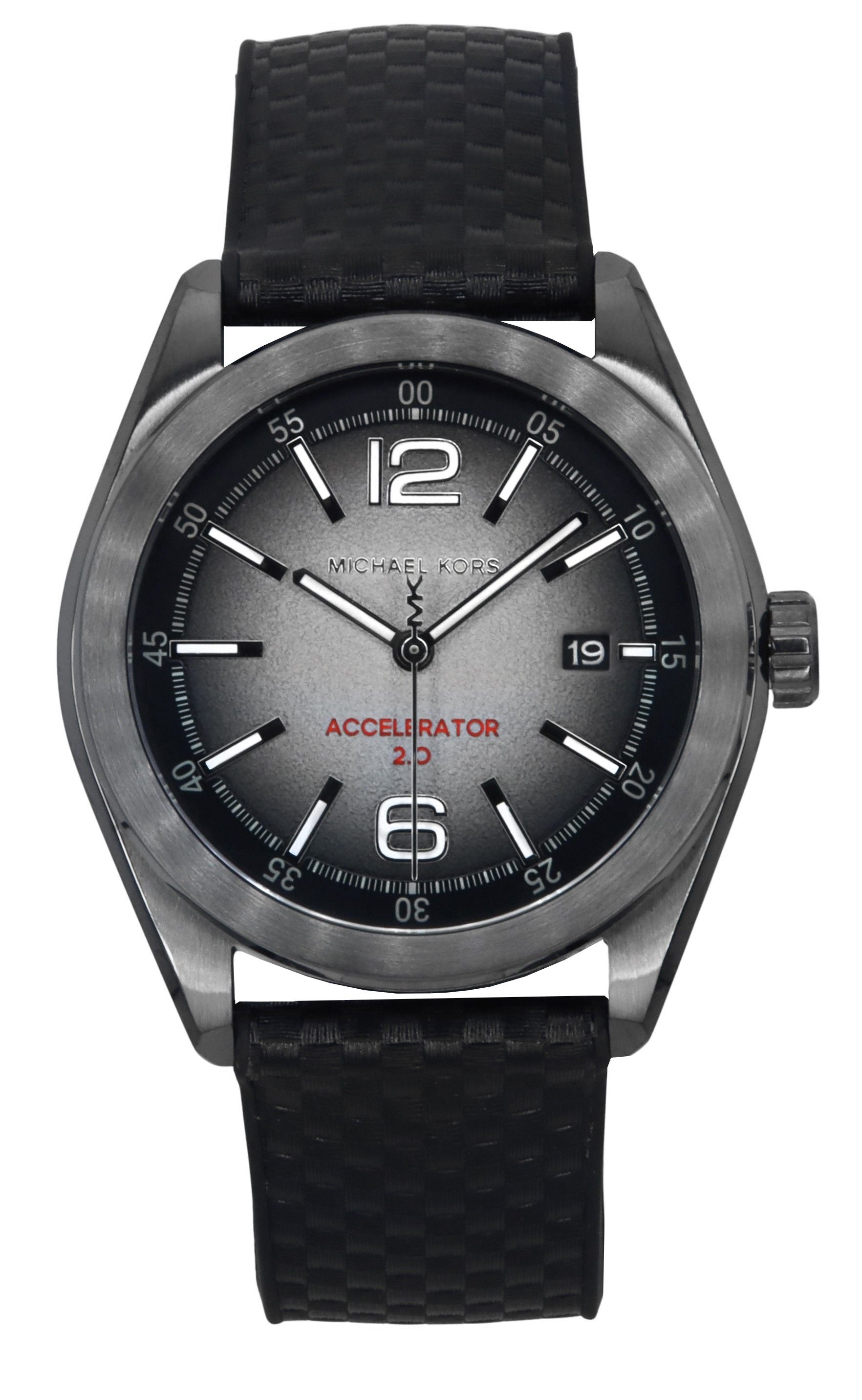 Michael Kors Accelerator 2.0 Silicone Strap Grey Dial Quartz. A brand-new Michael Kors Accelerator watch featuring a Grey dial and a Silicone strap. Side view.