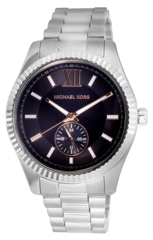 Michael Kors Lexington Stainless Steel Multifunction Black. A brand-new Michael Kors Lexington watch featuring a Black dial and a Stainless steel strap. Side view.