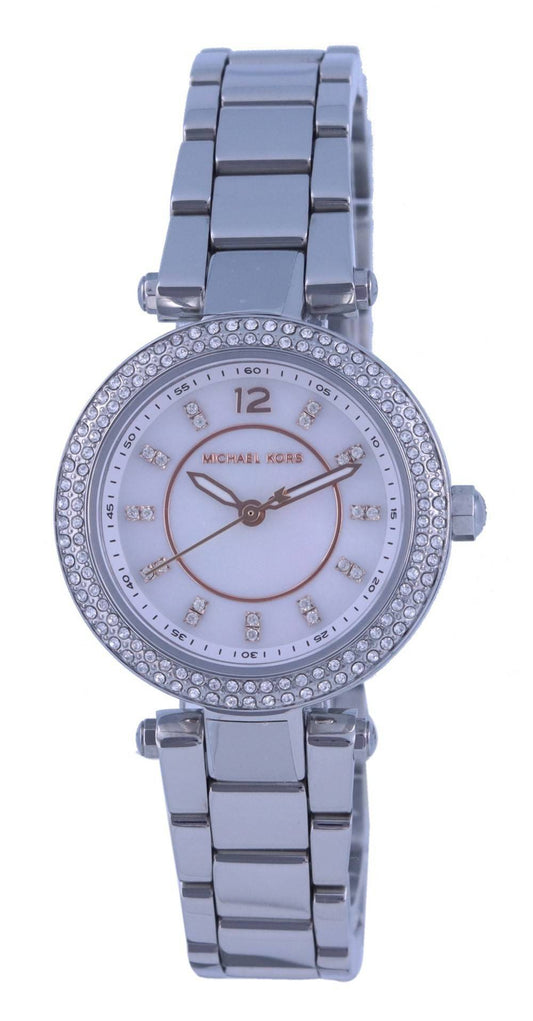 Michael Kors Mini Parker Crystal Accents Silver Dial Quartz. A brand-new Michael Kors Mini Parker watch featuring a Silver dial and a Stainless steel strap. Angled view.