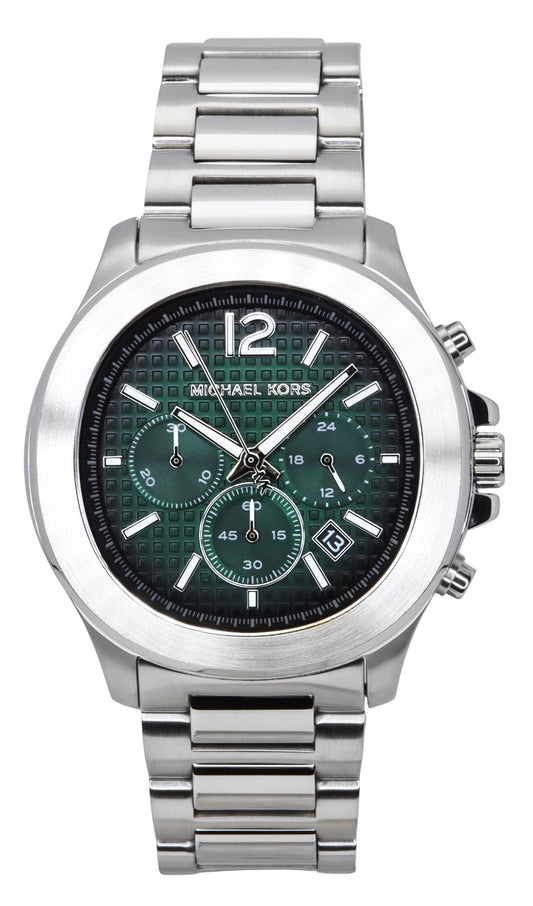 Michael Kors Oversized Sage Chronograph Stainless Steel. A brand-new Michael Kors Oversized Sage watch featuring a Green dial and a Stainless steel strap. Side view.
