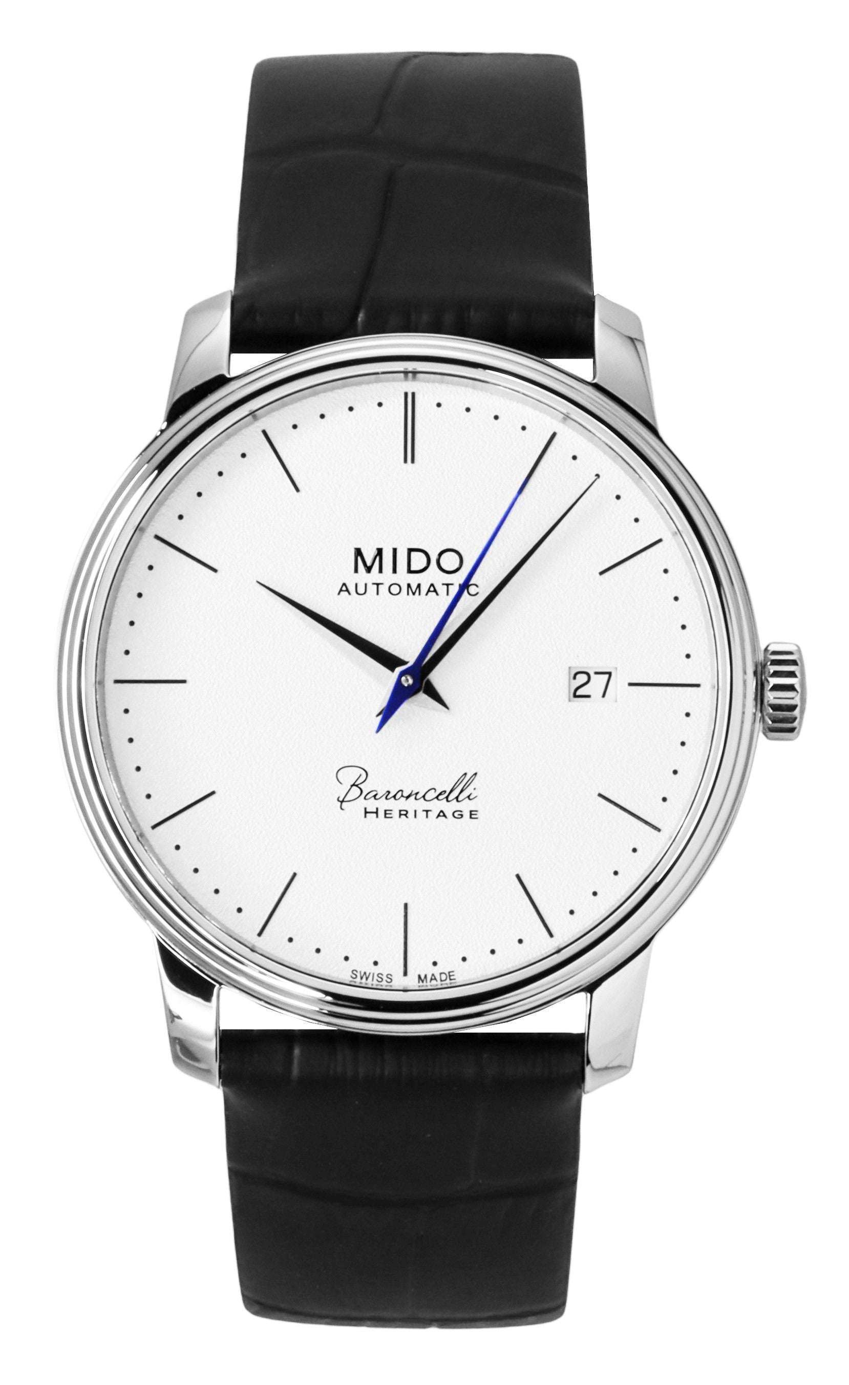 Mido Baroncelli Heritage Leather Strap White Dial Automatic. A brand-new Mido Baroncelli watch featuring a White dial and a Leather strap. Angled view.