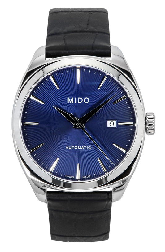 Mido Belluna Royal Gent Black Leather Strap Blue Dial. A brand-new Mido watch featuring a Blue dial and a Leather strap. Side view.
