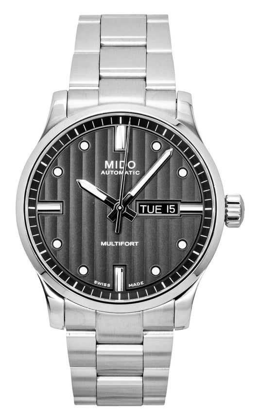 Mido Multifort Stainless Steel Anthracite Dial Automatic. A brand-new Mido Multifort watch featuring a Anthracite dial and a Stainless steel strap. Front view.