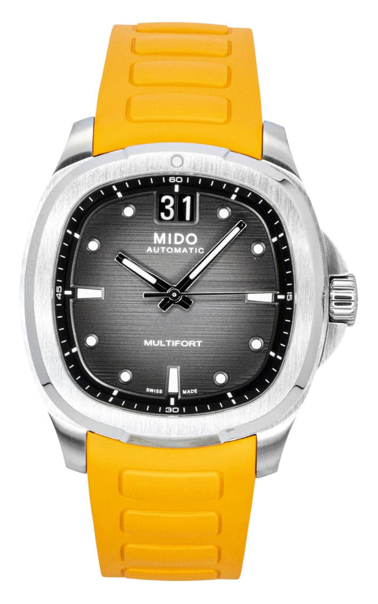 Mido Multifort TV Big Date Rubber Strap Grey Dial Automatic. A brand-new Mido Multifort watch featuring a Grey dial and a Rubber strap. Side view.