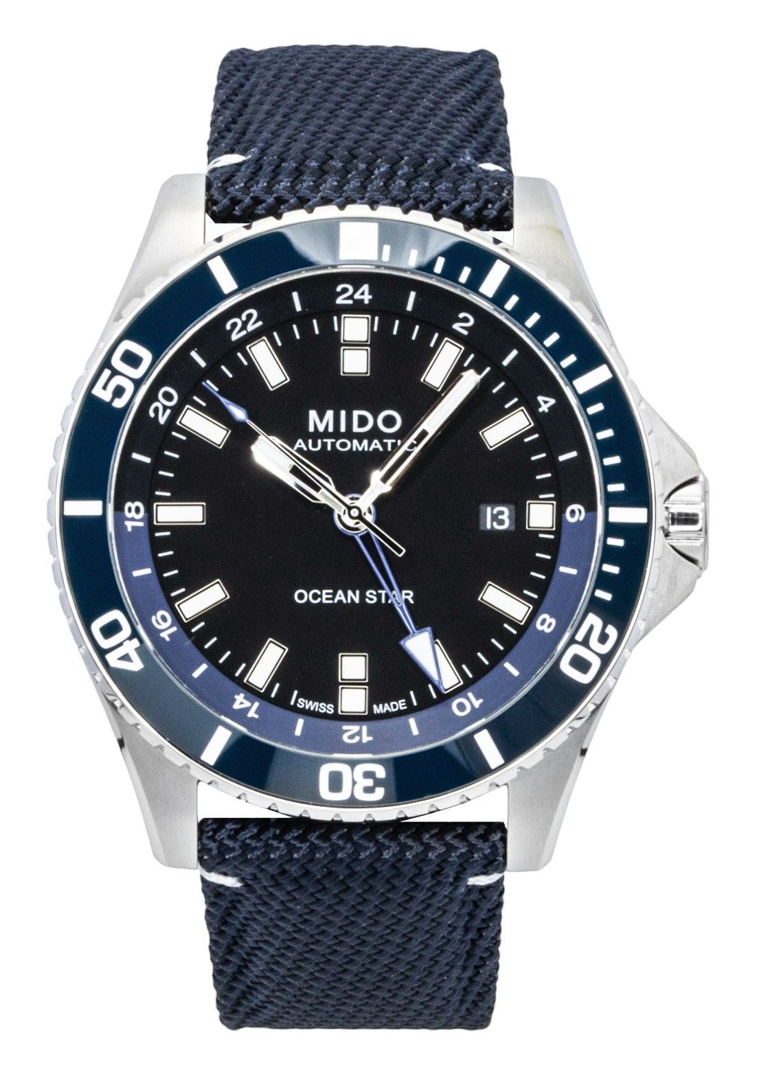 Mido Ocean Star GMT Fabric Strap Black Dial Automatic. A brand-new Mido Ocean Star watch featuring a Black dial and a Polyester strap. Angled view.