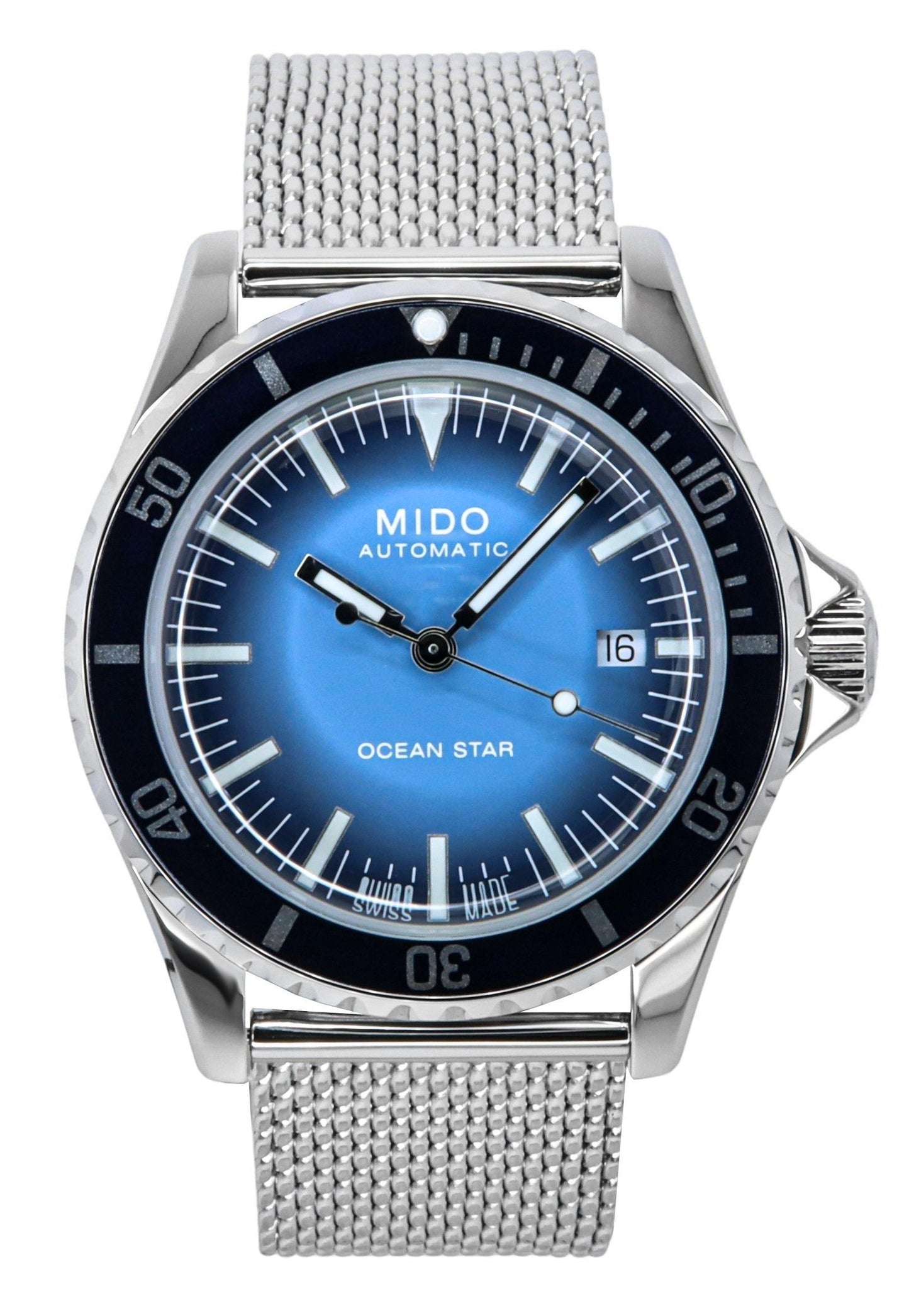 Mido Ocean Star Tribute Blue Dial Automatic Diver's 200M. A brand-new Mido Ocean Star watch featuring a Blue dial and a Stainless steel strap. Front view.