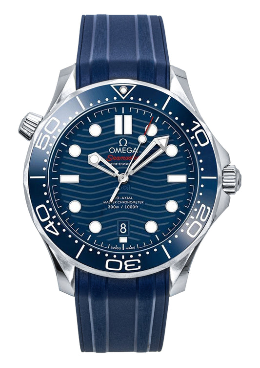 Omega Seamaster Rubber Strap Blue Dial Automatic Diver's. A brand-new Omega Seamaster watch featuring a Blue dial and a Rubber strap. Side view.
