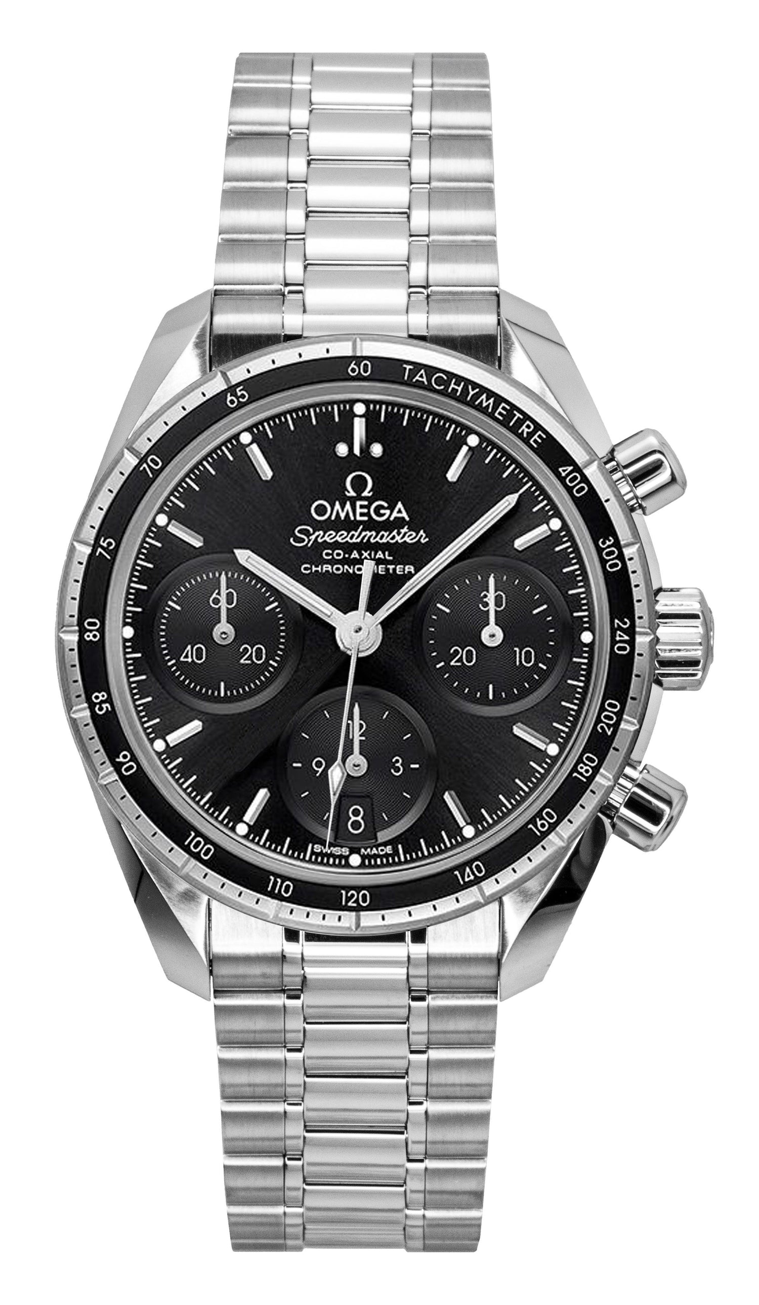 Omega Speedmaster Chronograph Stainless Steel Black Dial. A brand-new Omega Speedmaster watch featuring a Black dial and a Stainless steel strap. Angled view.