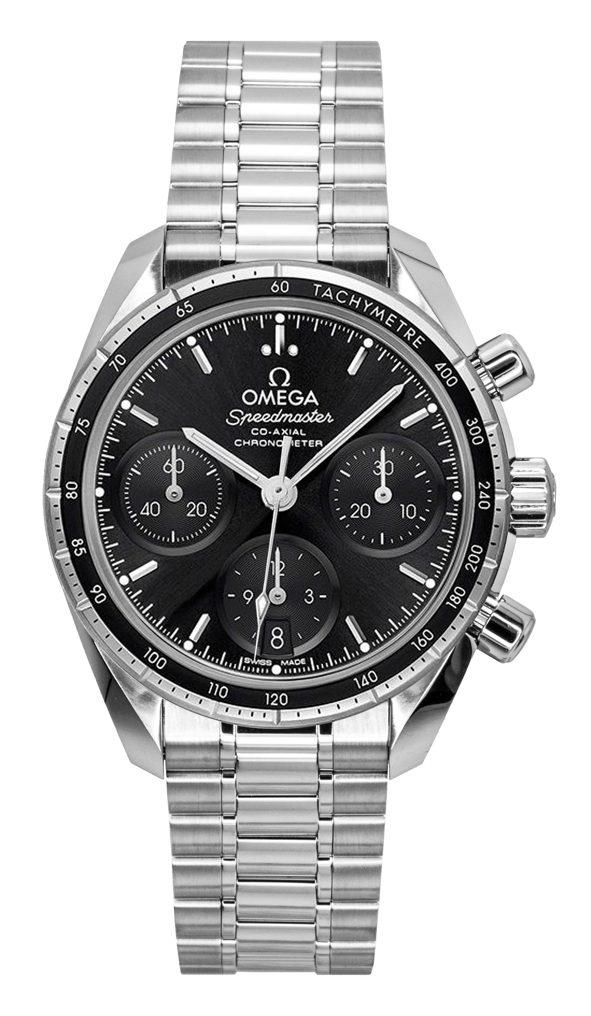 Omega Speedmaster Chronograph Stainless Steel Black Dial. A brand-new Omega Speedmaster watch featuring a Black dial and a Stainless steel strap. Angled view.