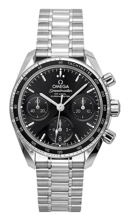 Omega Speedmaster Chronograph Stainless Steel Black Dial. A brand-new Omega Speedmaster watch featuring a Black dial and a Stainless steel strap. Angled view.