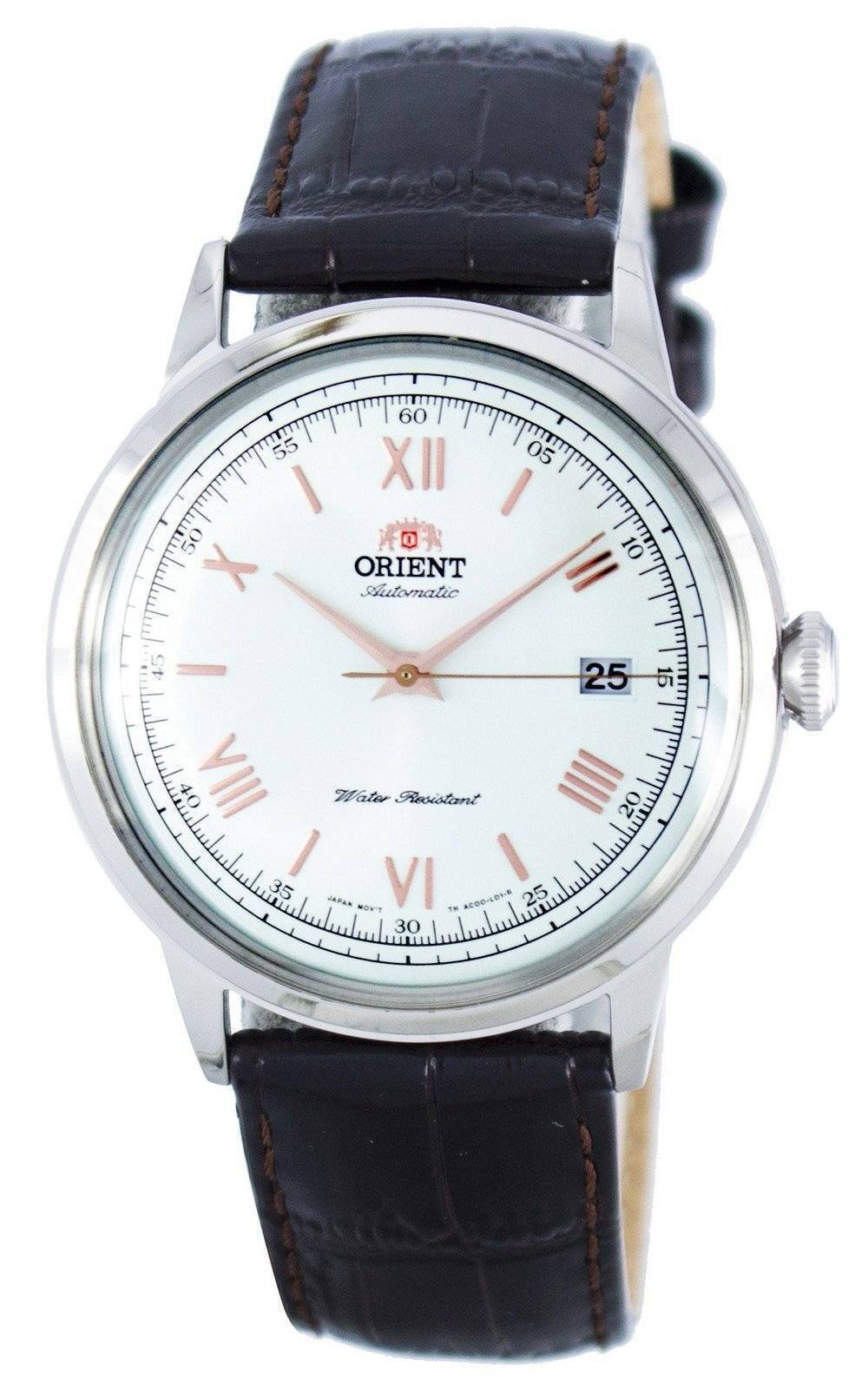 Orient 2nd Generation Bambino Version 2 Automatic. A brand-new Orient Bambino watch featuring a Leather strap. Side view.