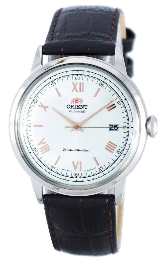 Orient 2nd Generation Bambino Version 2 Automatic. A brand-new Orient Bambino watch featuring a Leather strap. Side view.