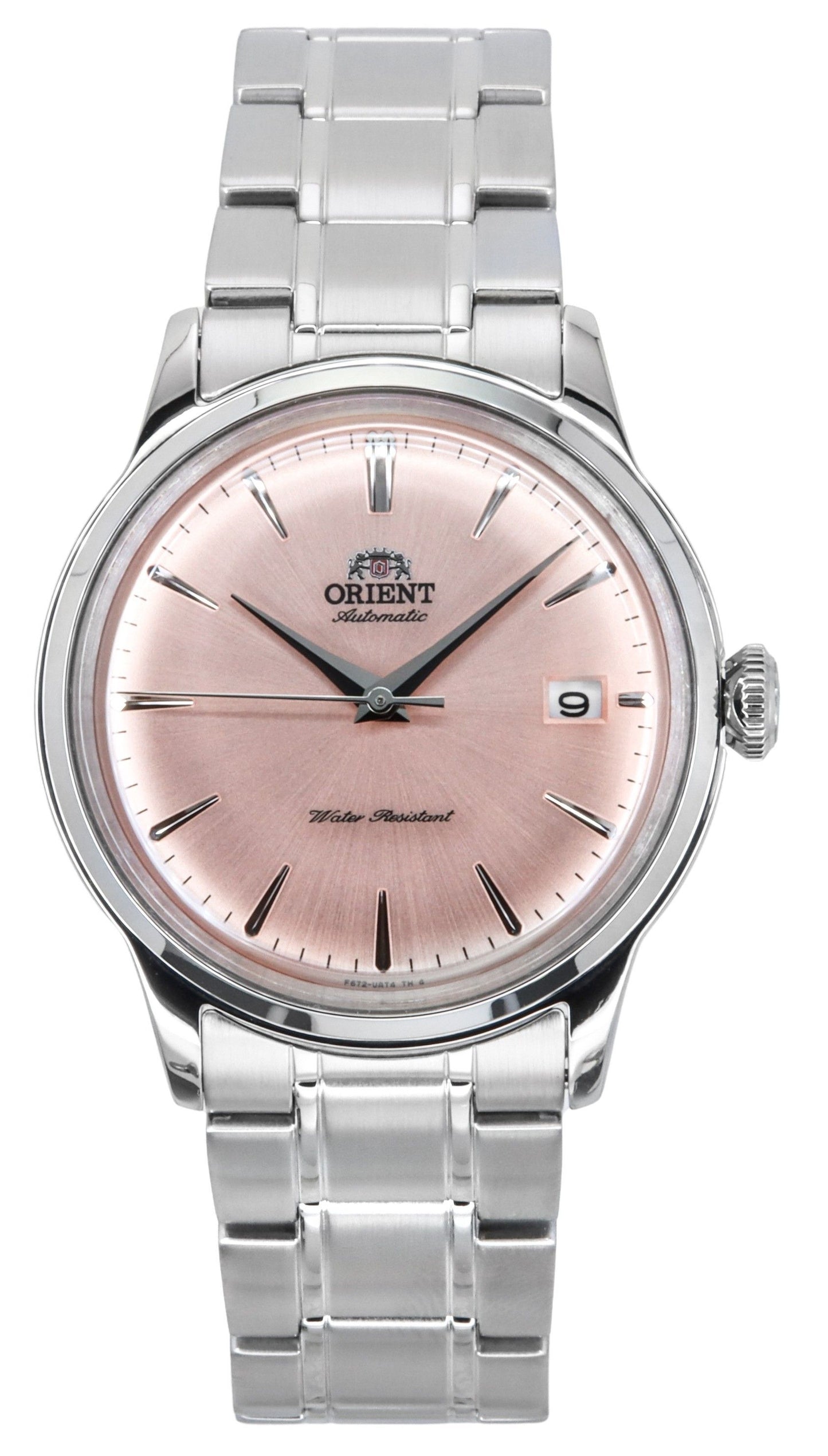 Orient Bambino Stainless Steel Copper Dial Automatic. A brand-new Orient Bambino watch featuring a Copper dial and a Stainless steel strap. Front view.