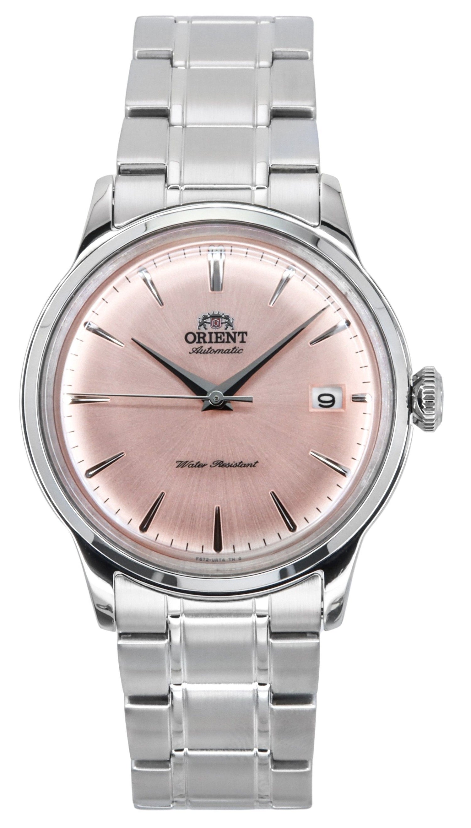 Orient Bambino Stainless Steel Copper Dial Automatic. A brand-new Orient Bambino watch featuring a Copper dial and a Stainless steel strap. Front view.