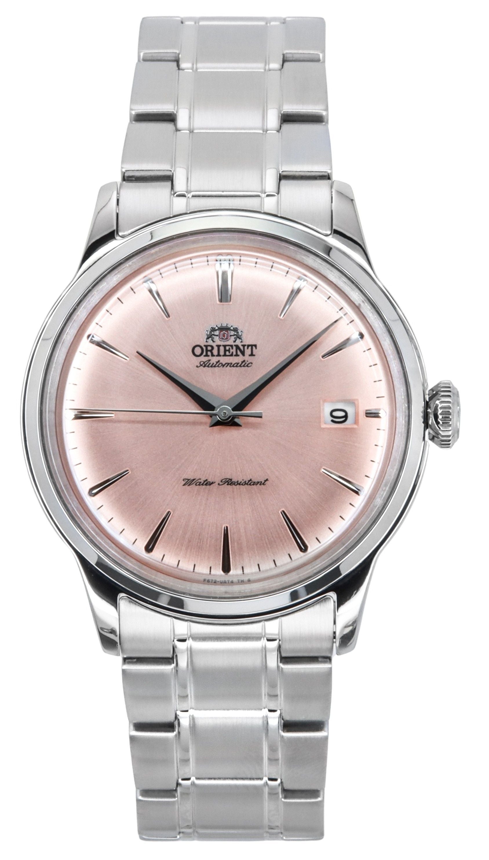 Orient Bambino Stainless Steel Copper Dial Automatic. A brand-new Orient Bambino watch featuring a Copper dial and a Stainless steel strap. Front view.