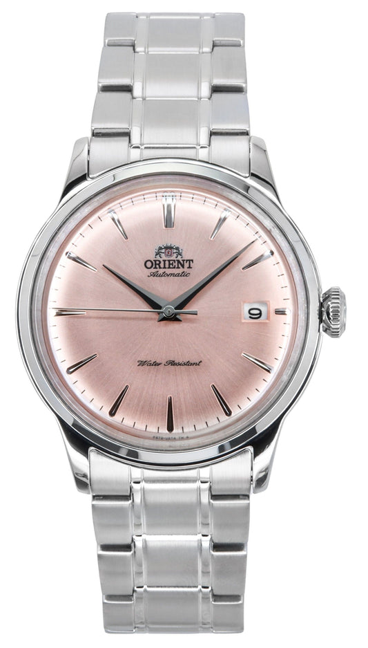 Orient Bambino Stainless Steel Copper Dial Automatic. A brand-new Orient Bambino watch featuring a Copper dial and a Stainless steel strap. Front view.