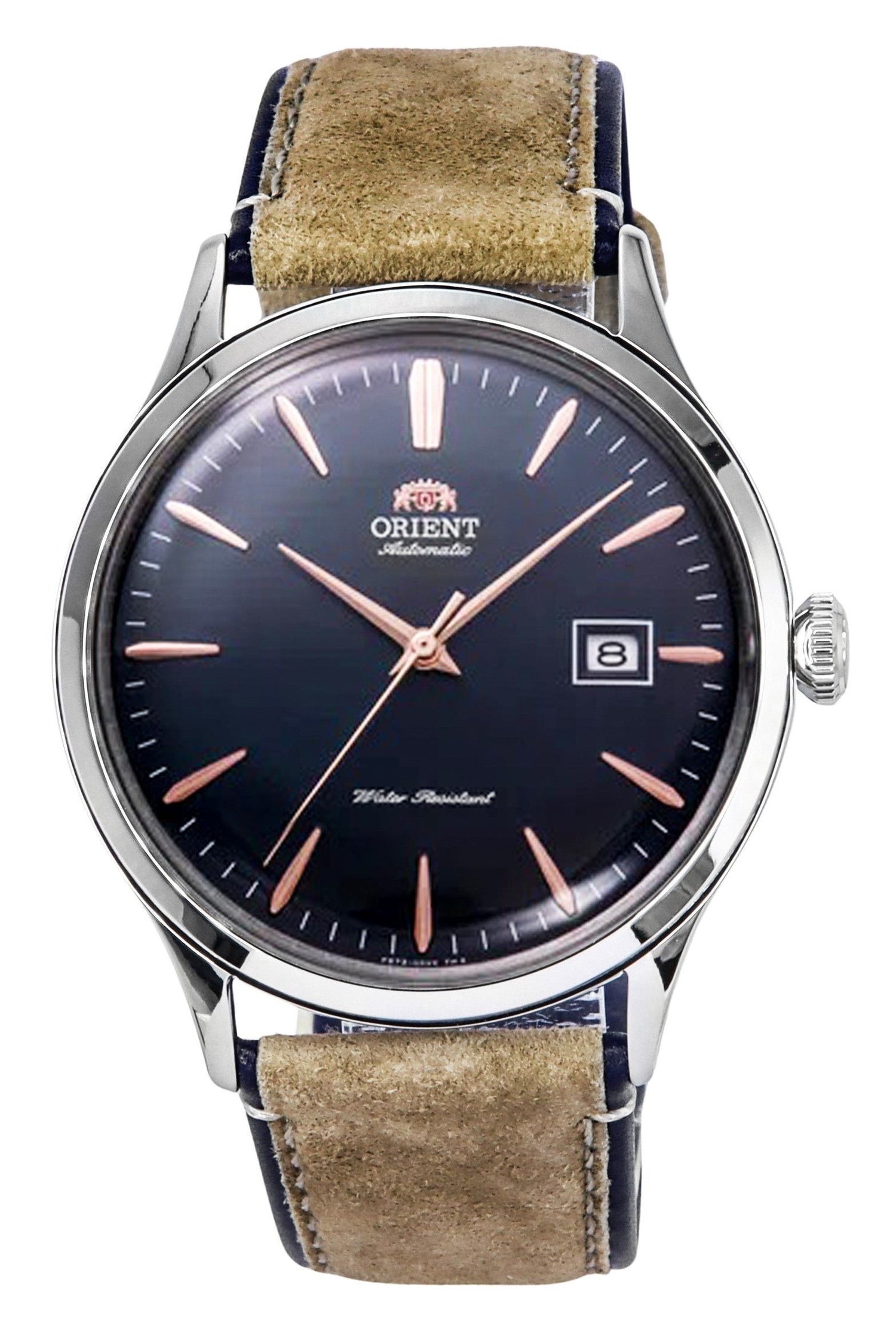 Orient Bambino Version 4 Classic Suede Leather Strap Navy. A brand-new Orient Bambino watch featuring a Blue dial and a Leather strap. Angled view.