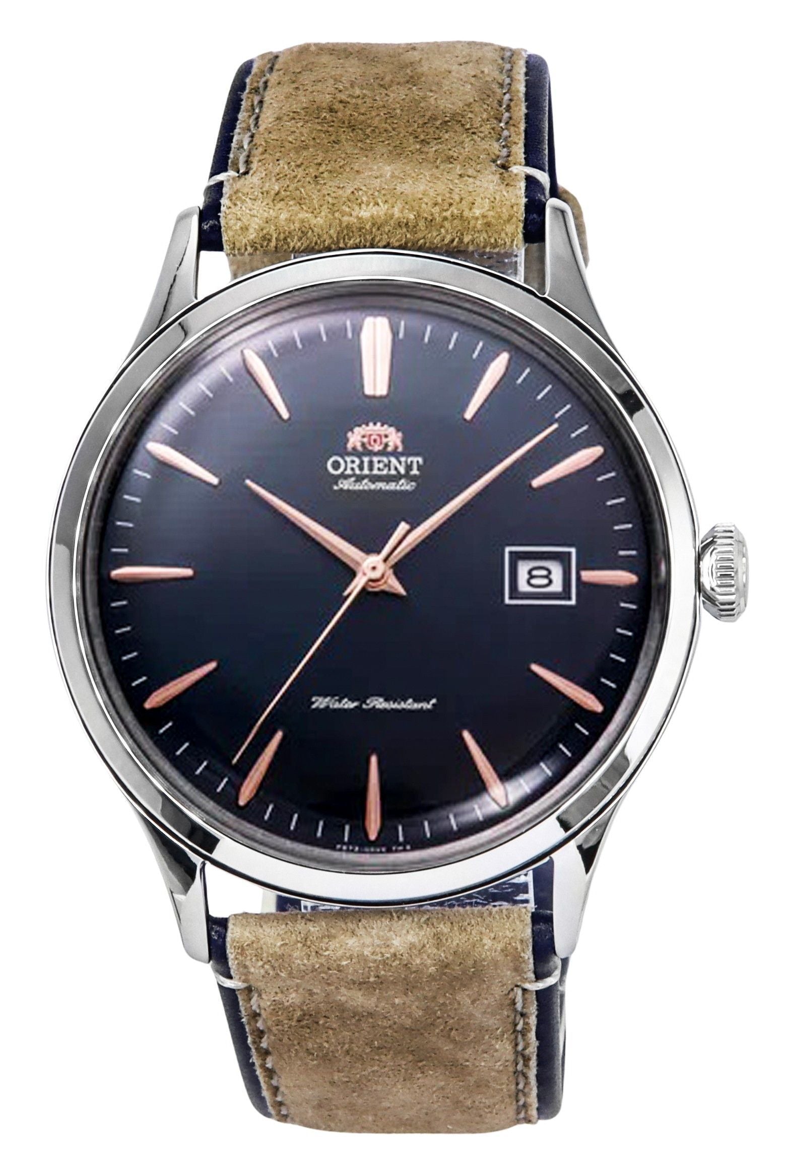 Orient Bambino Version 4 Classic Suede Leather Strap Navy. A brand-new Orient Bambino watch featuring a Blue dial and a Leather strap. Angled view.