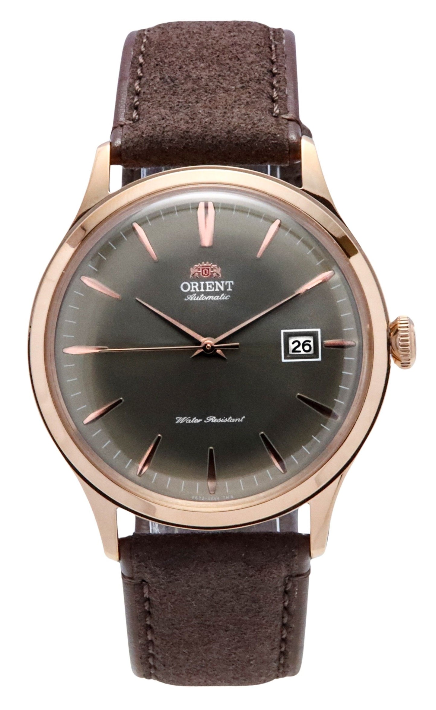 Orient Bambino Version 4 Leather Strap Bronze Dial. A brand-new Orient Bambino watch featuring a Bronze dial and a Leather strap. Front view.