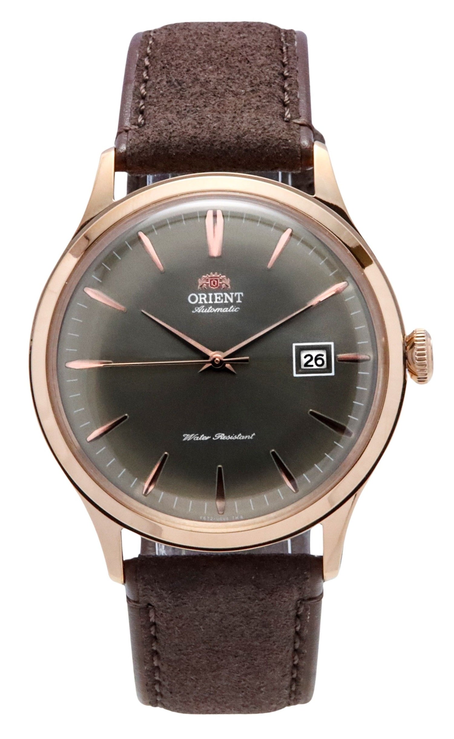 Orient Bambino Version 4 Leather Strap Bronze Dial. A brand-new Orient Bambino watch featuring a Bronze dial and a Leather strap. Front view.