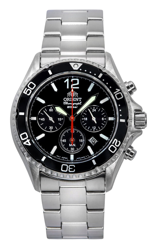Orient Chronograph Stainless Steel Black Dial Solar Diver's. A brand-new Orient watch featuring a Black dial and a Stainless steel strap. Side view.