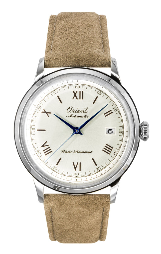 Orient Classic 75th Anniversary Limited Edition White Dial. A brand-new Orient Classic watch featuring a White dial and a Leather strap. Side view.