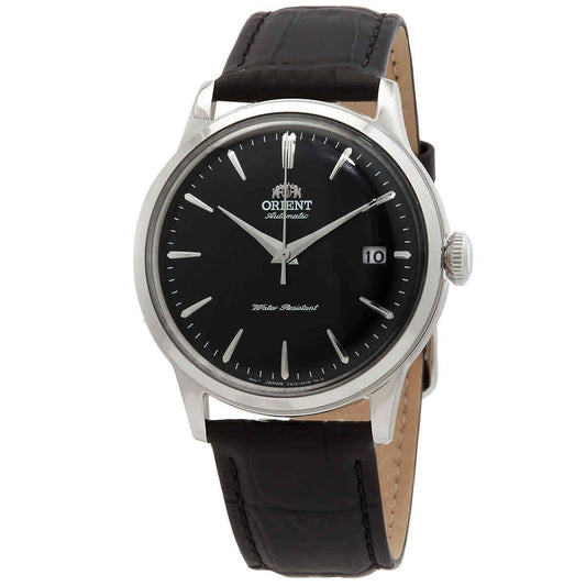Orient Classic Bambino Black Dial Automatic RA-AC0M02B30B. A brand-new Orient Bambino watch featuring a Black dial and a Leather strap. Angled view.