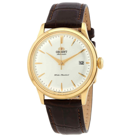 Orient Classic Bambino White Dial Automatic RA-AC0M01S30B. A brand-new Orient Bambino watch featuring a White dial and a Leather strap. Angled view.