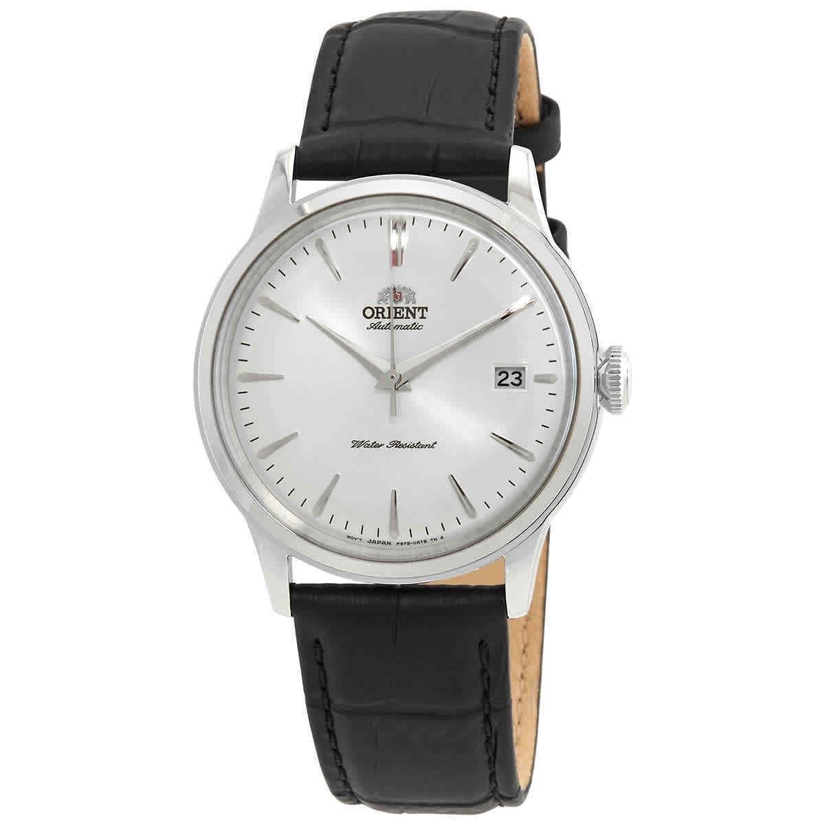 Orient Classic Bambino White Dial Automatic RA-AC0M03S30B. A brand-new Orient Bambino watch featuring a White dial and a Leather strap. Angled view.