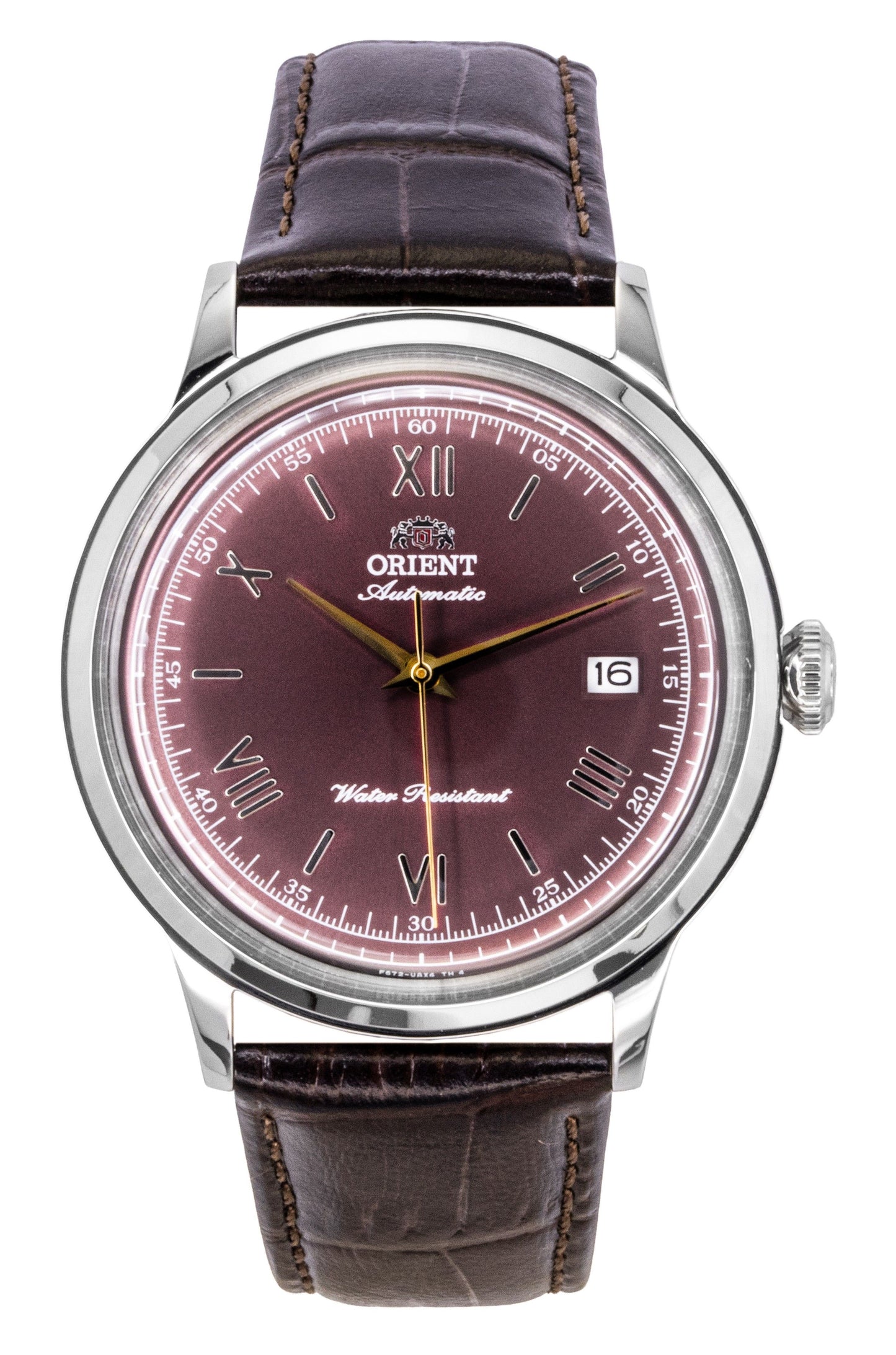 Orient Classic Leather Strap Bordeaux Dial Automatic. A brand-new Orient Classic watch featuring a Bordeaux dial and a Leather strap. Side view.