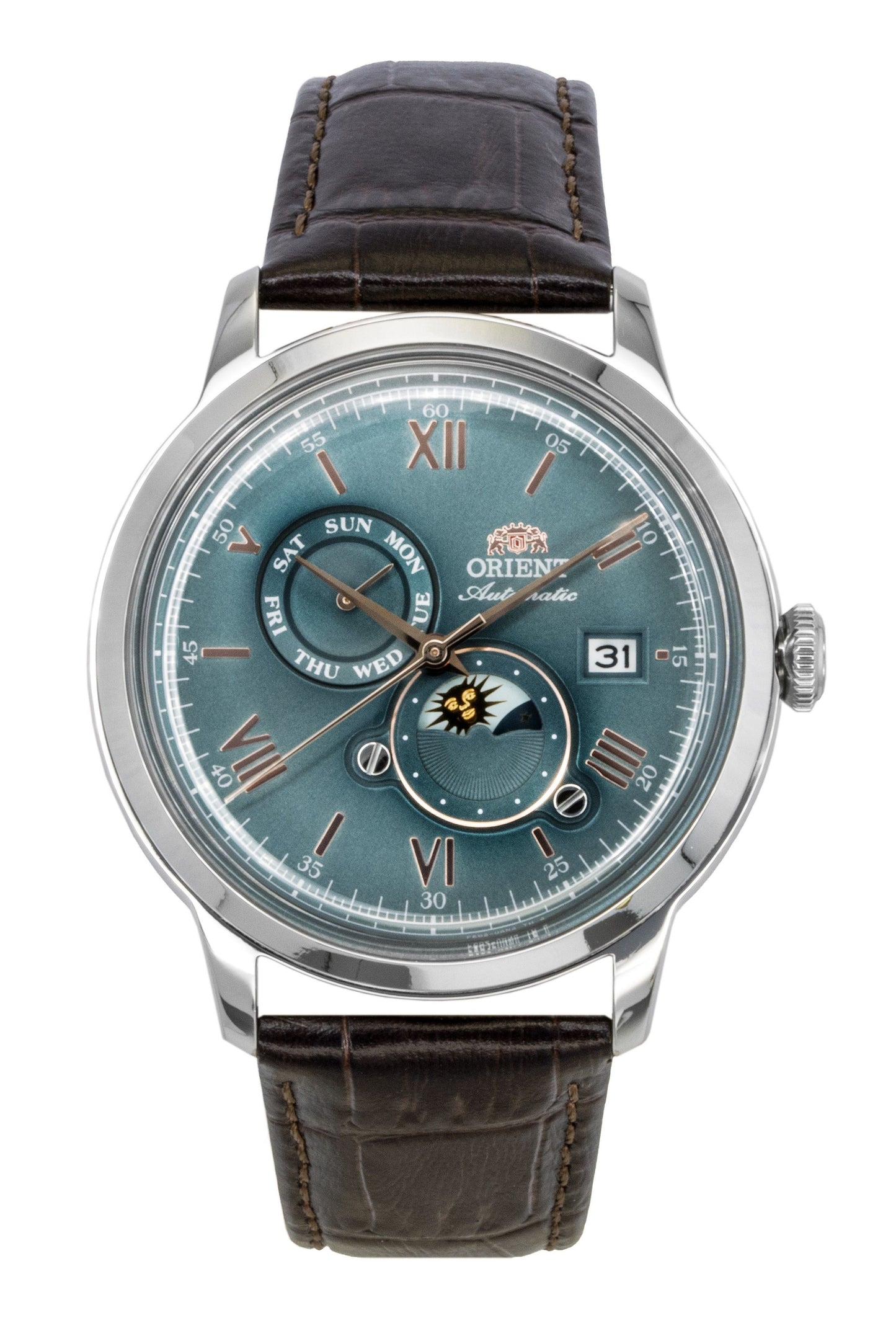 Orient Classic Sun and Moon Leather Strap Green Dial. A brand-new Orient Classic watch featuring a Green dial and a Leather strap. Front view.