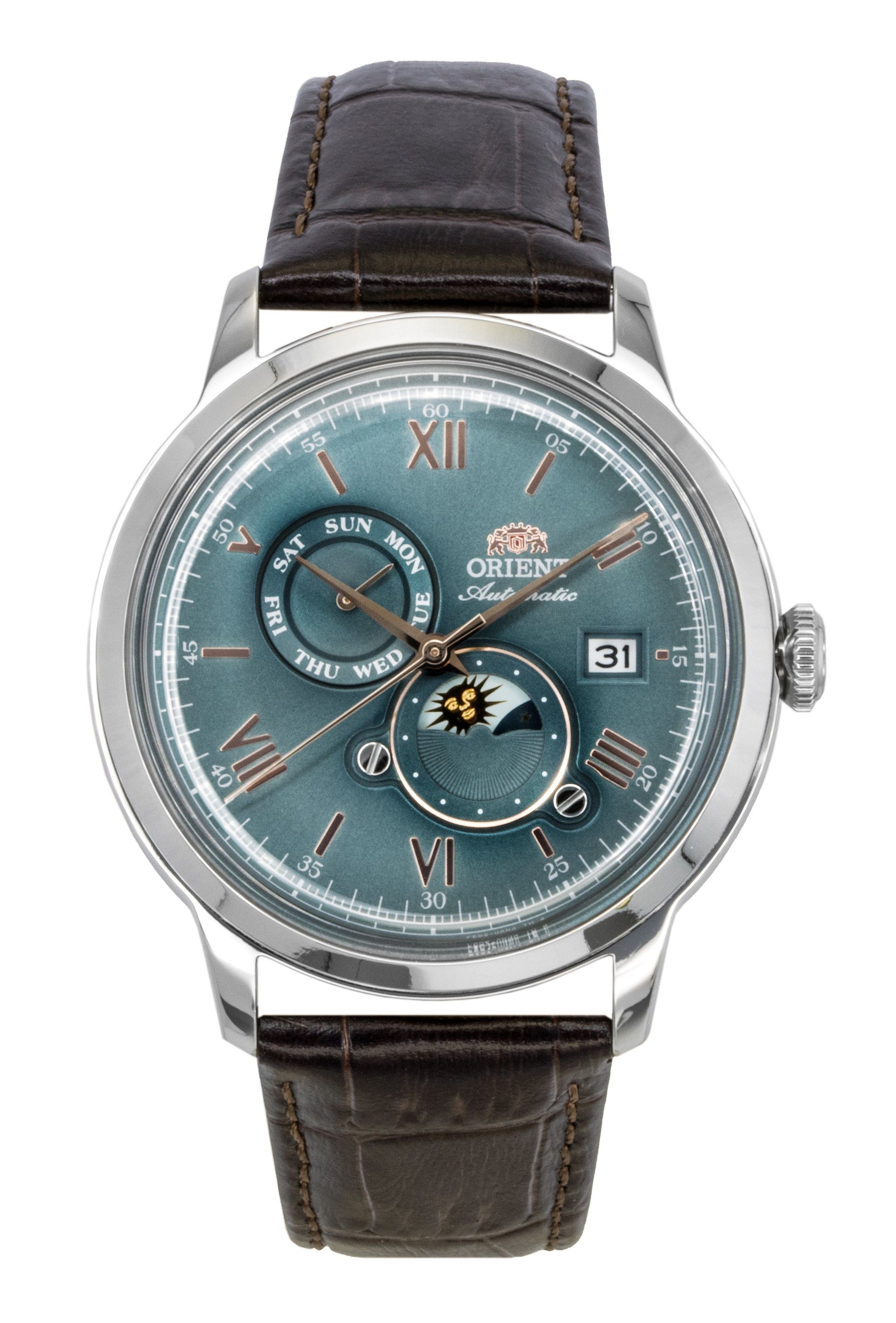 Orient Classic Sun and Moon Leather Strap Green Dial. A brand-new Orient Classic watch featuring a Green dial and a Leather strap. Front view.