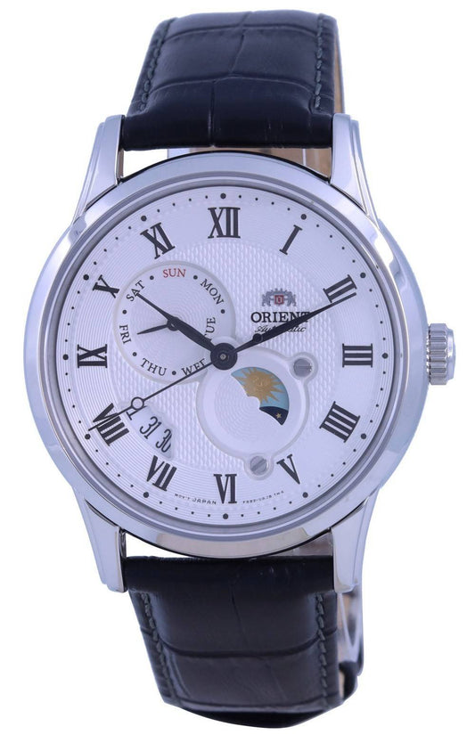 Orient Classic Sun And Moon White Dial Automatic. A brand-new Orient Classic watch featuring a White dial and a Leather strap. Front view.