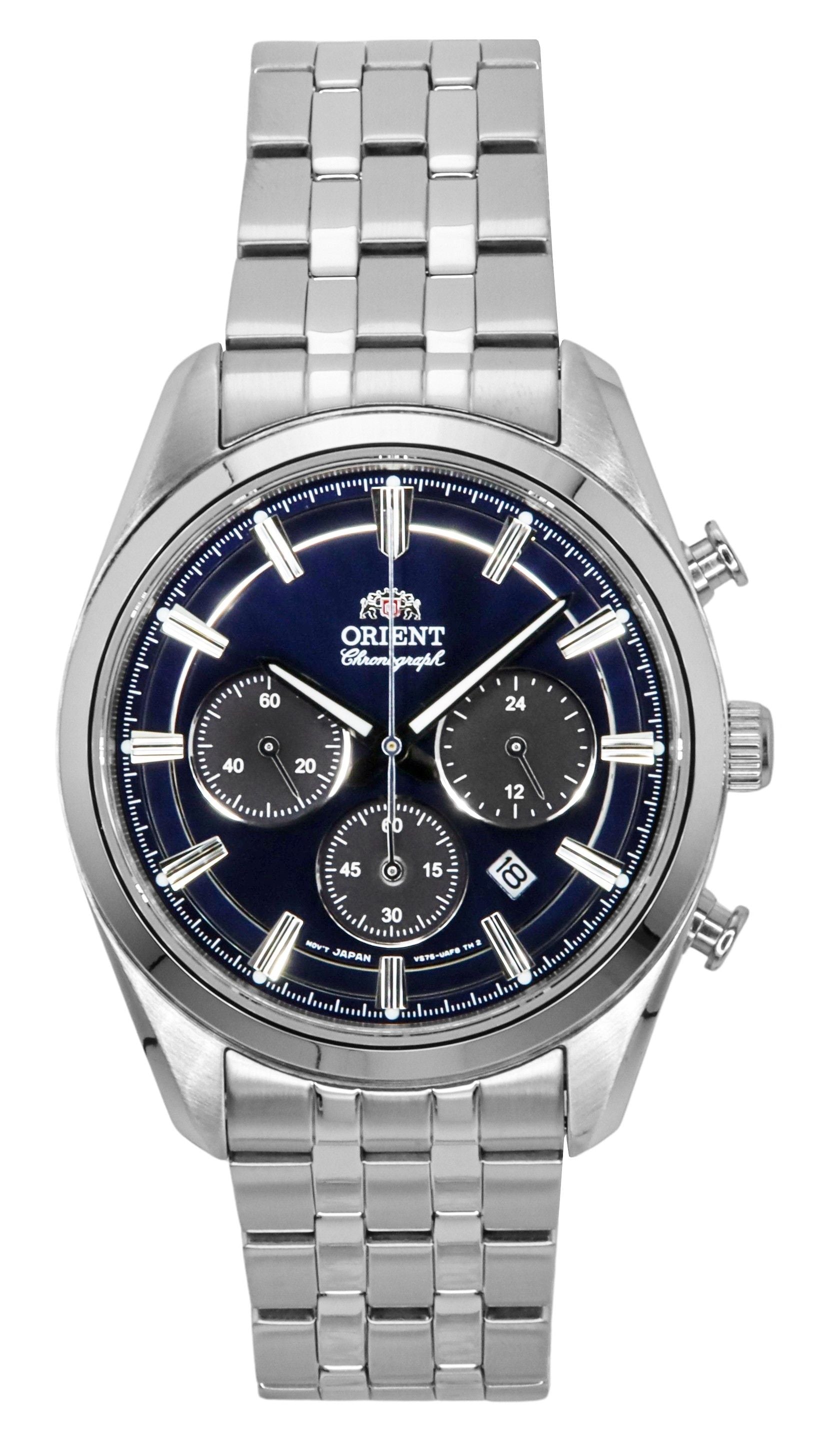 Orient Contemporary Chronograph Stainless Steel Navy Blue. A brand-new Orient Contemporary watch featuring a Blue dial and a Stainless steel strap. Side view.