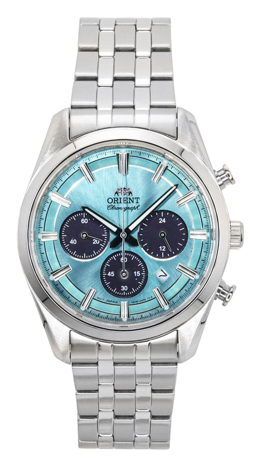 Orient Contemporary Chronograph Stainless Steel Sky Blue. A brand-new Orient Contemporary watch featuring a Blue dial and a Stainless steel strap. Side view.