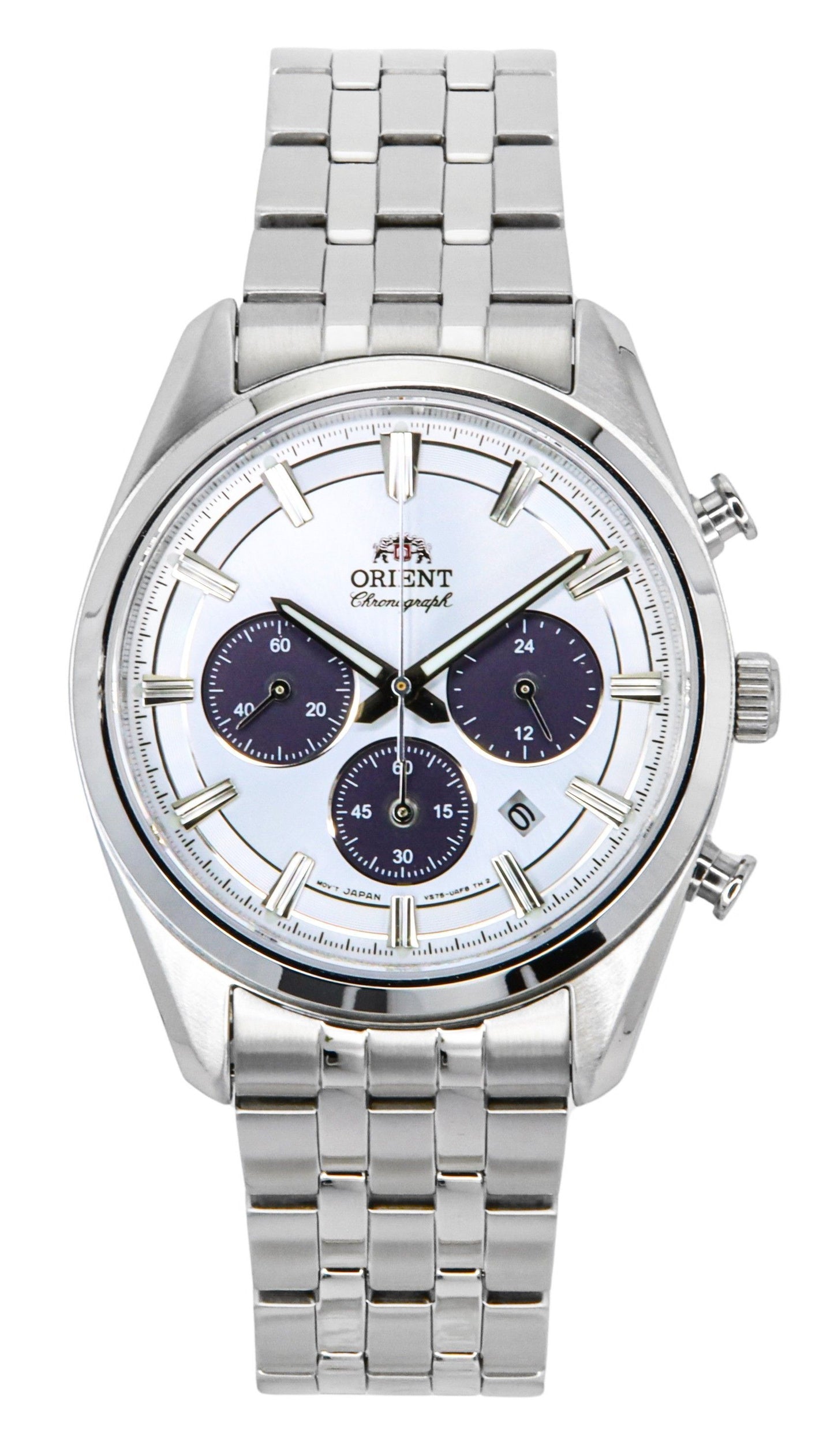 Orient Contemporary Chronograph Stainless Steel White Dial. A brand-new Orient Contemporary watch featuring a White dial and a Stainless steel strap. Angled view.