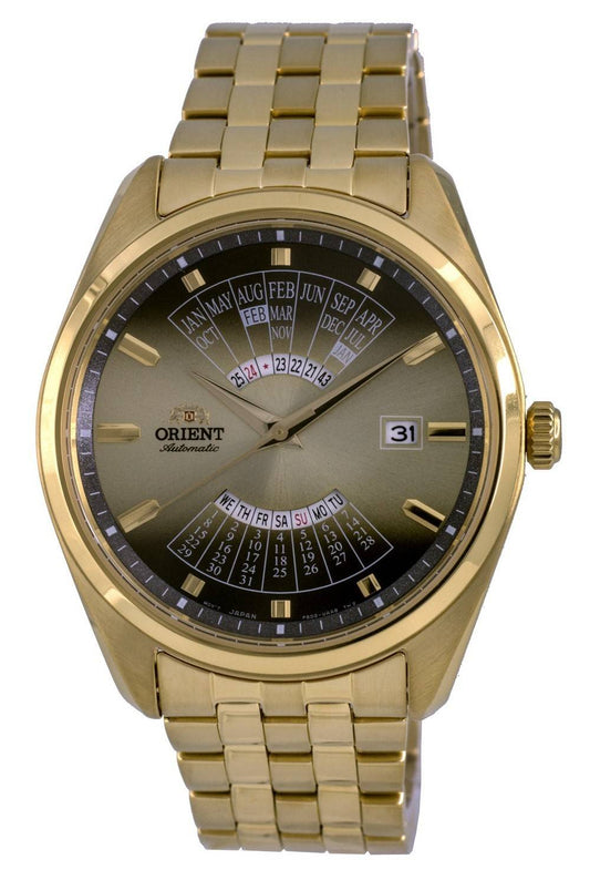 Orient Contemporary Multi Year Calendar Gold Tone Dial. A brand-new Orient Contemporary watch featuring a Gold Tone dial and a Stainless steel strap. Angled view.