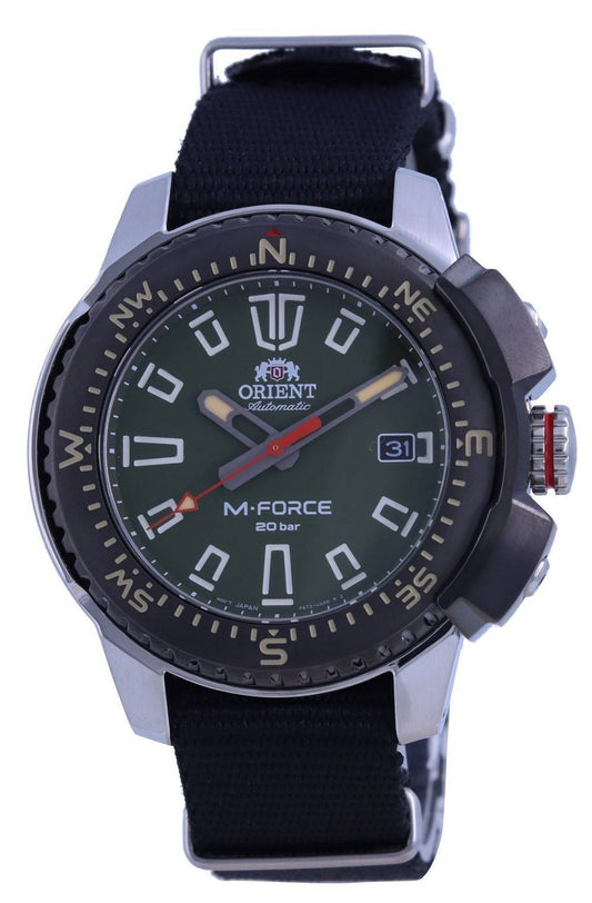 Orient M-Force Green Dial Stainless Steel Automatic Diver's. A brand-new Orient M-Force watch featuring a Green dial and a Nylon strap. Front view.