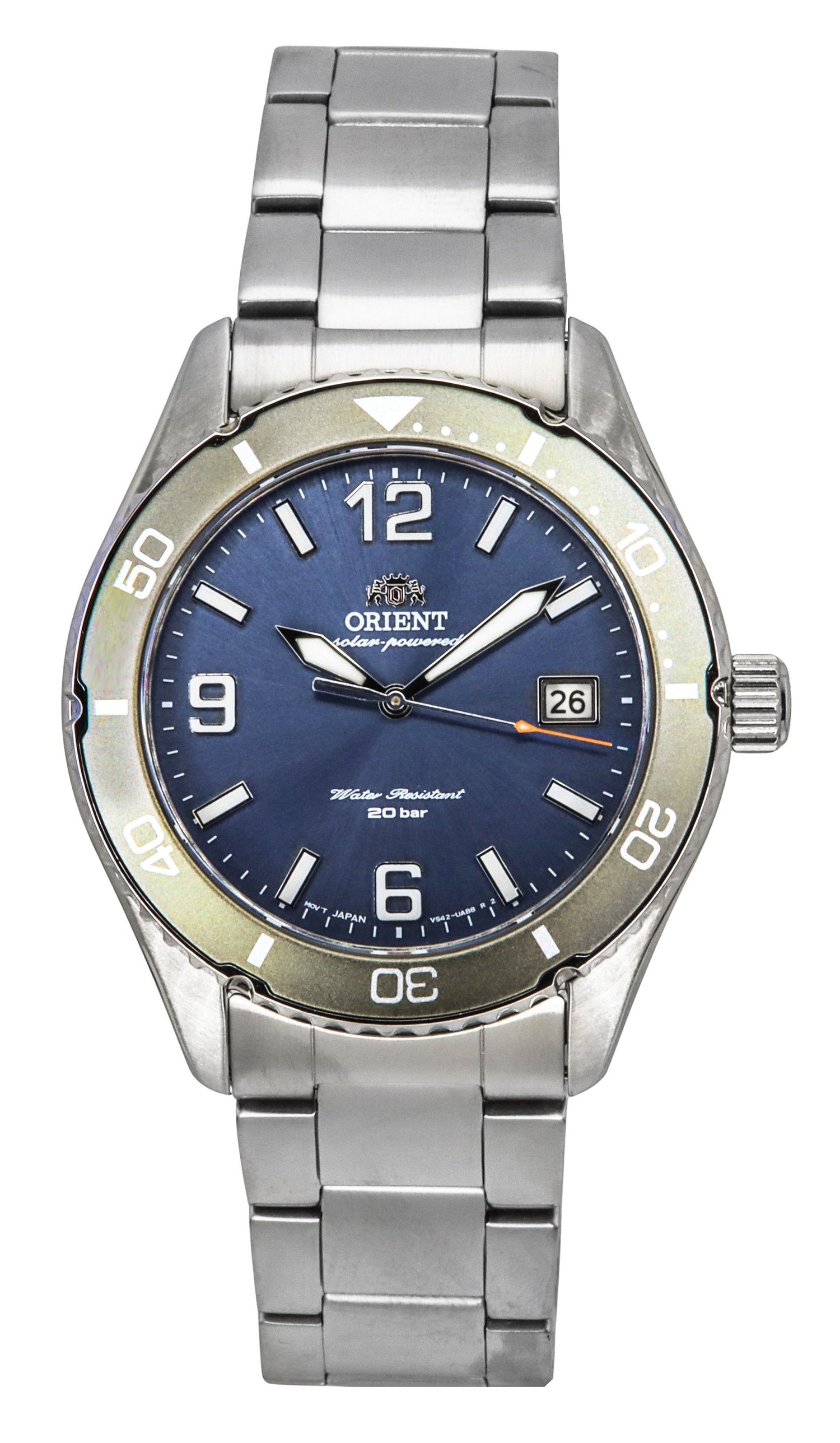 Orient Mako III Stainless Steel Blue Dial Solar Diver's 200M. A brand-new Orient Mako watch featuring a Blue dial and a Stainless steel strap. Side view.