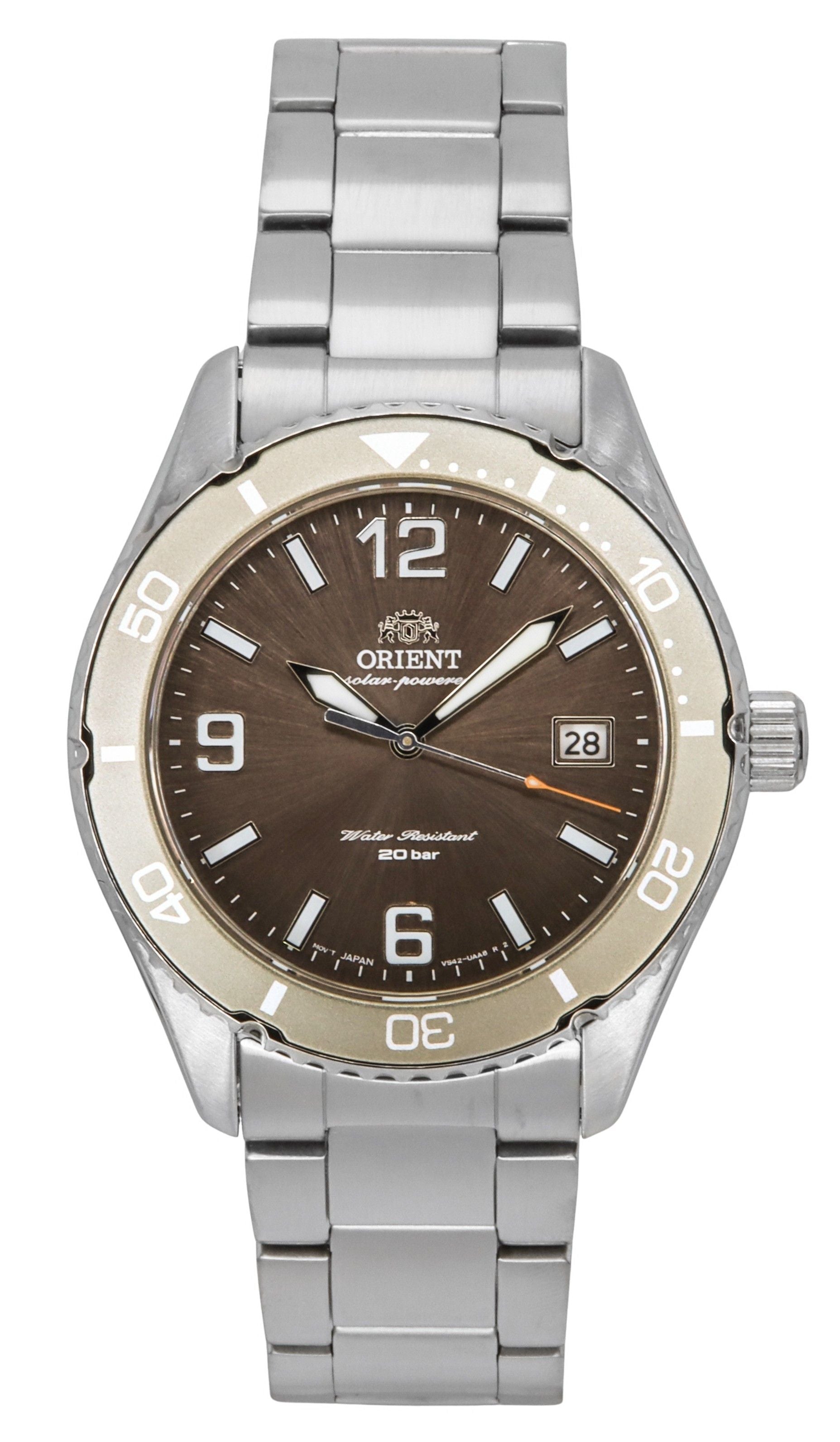 Orient Mako III Stainless Steel Brown Dial Solar Diver's. A brand-new Orient Mako watch featuring a Stainless steel strap. Angled view.