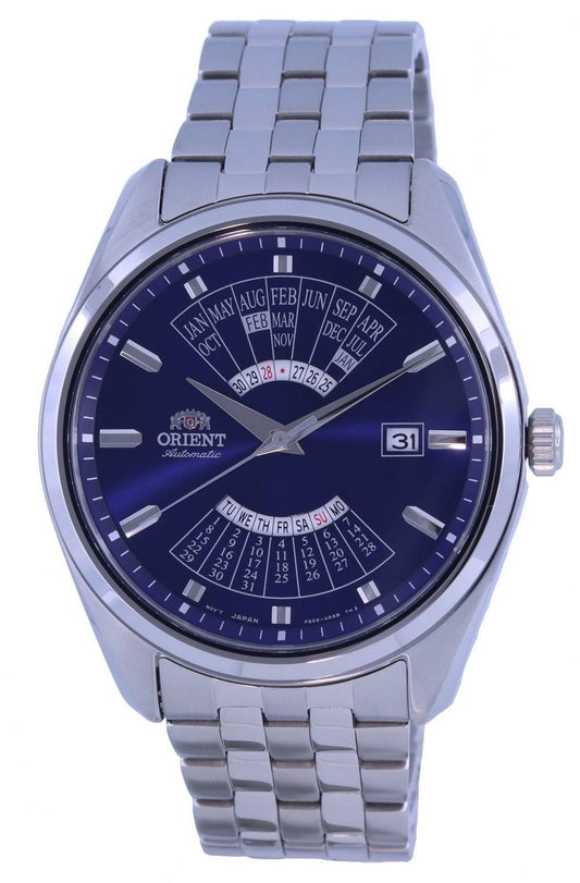 Orient Multi Year Calendar Blue Dial Stainless Steel. A brand-new Orient watch featuring a Blue dial and a Stainless steel strap. Front view.