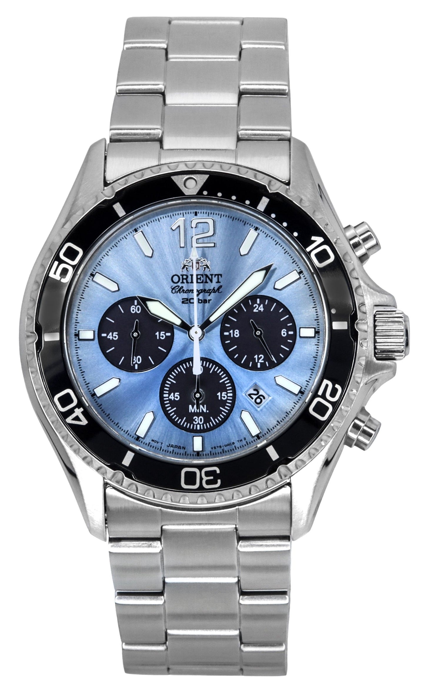 Orient Sports Chronograph Stainless Steel Sky Blue Dial. A brand-new Orient Sports watch featuring a Blue dial and a Stainless steel strap. Side view.