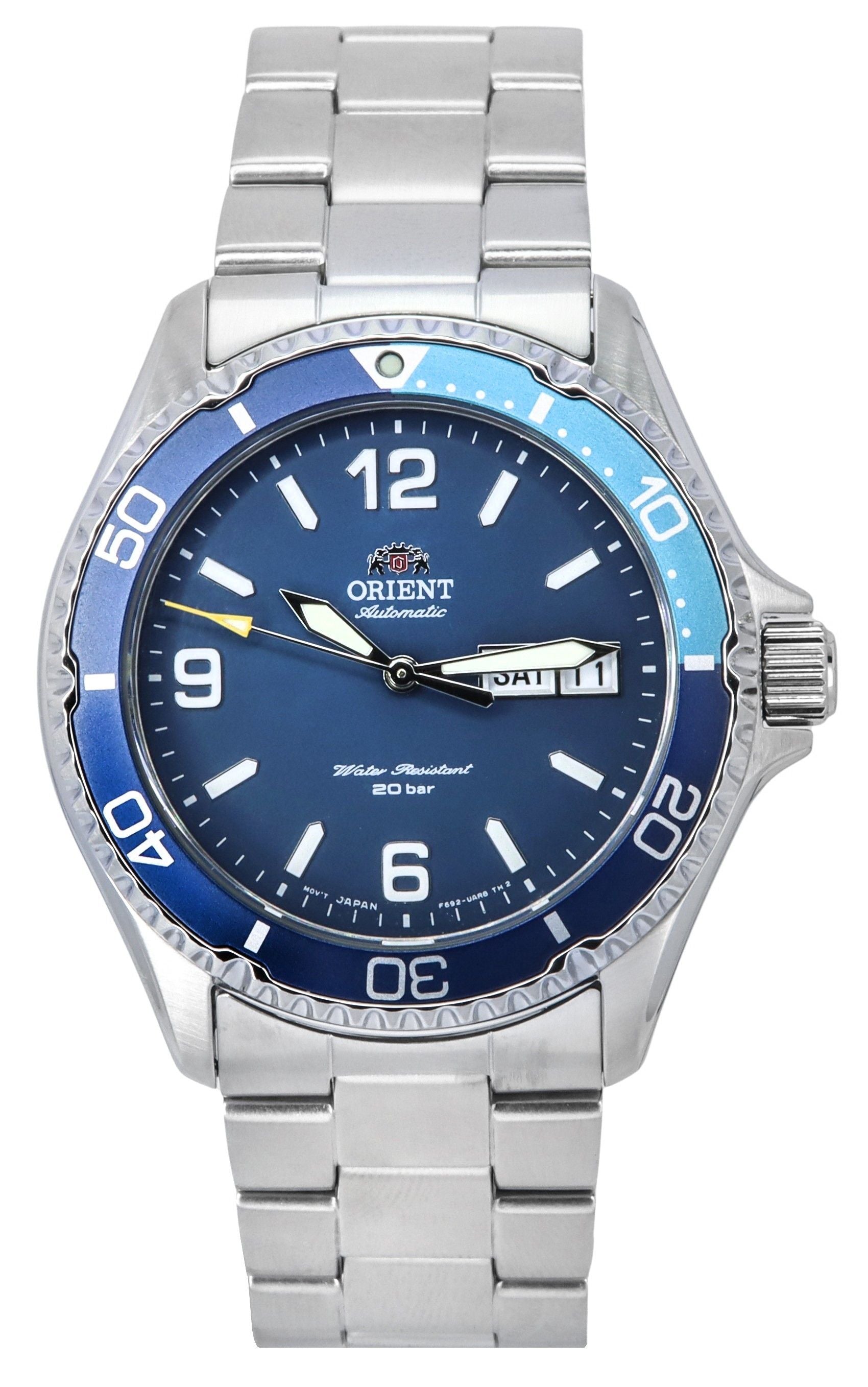 Orient Sports Kamasu Mako III Stainless Steel Blue Dial. A brand-new Orient Mako watch featuring a Blue dial and a Stainless steel strap. Front view.