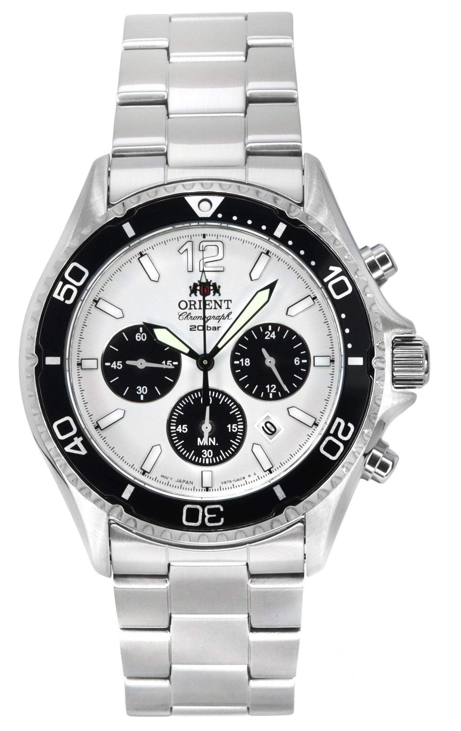 Orient Sports Panda Chronograph Stainless Steel White Dial. A brand-new Orient Sports watch featuring a White dial and a Stainless steel strap. Side view.