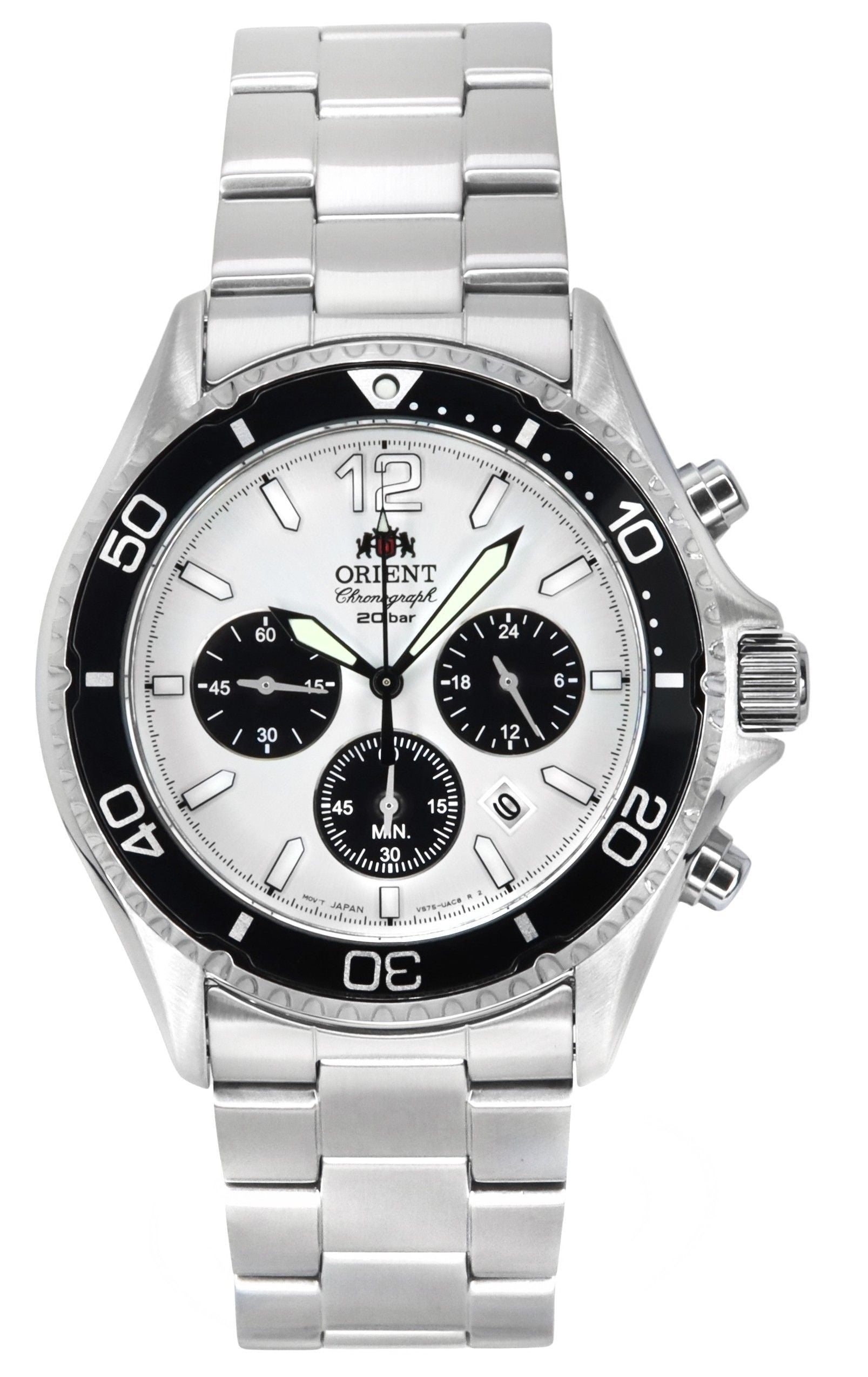 Orient Sports Panda Chronograph Stainless Steel White Dial. A brand-new Orient Sports watch featuring a White dial and a Stainless steel strap. Side view.