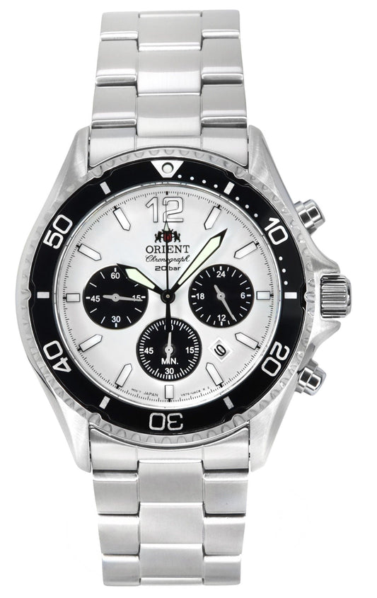 Orient Sports Panda Chronograph Stainless Steel White Dial. A brand-new Orient Sports watch featuring a White dial and a Stainless steel strap. Side view.