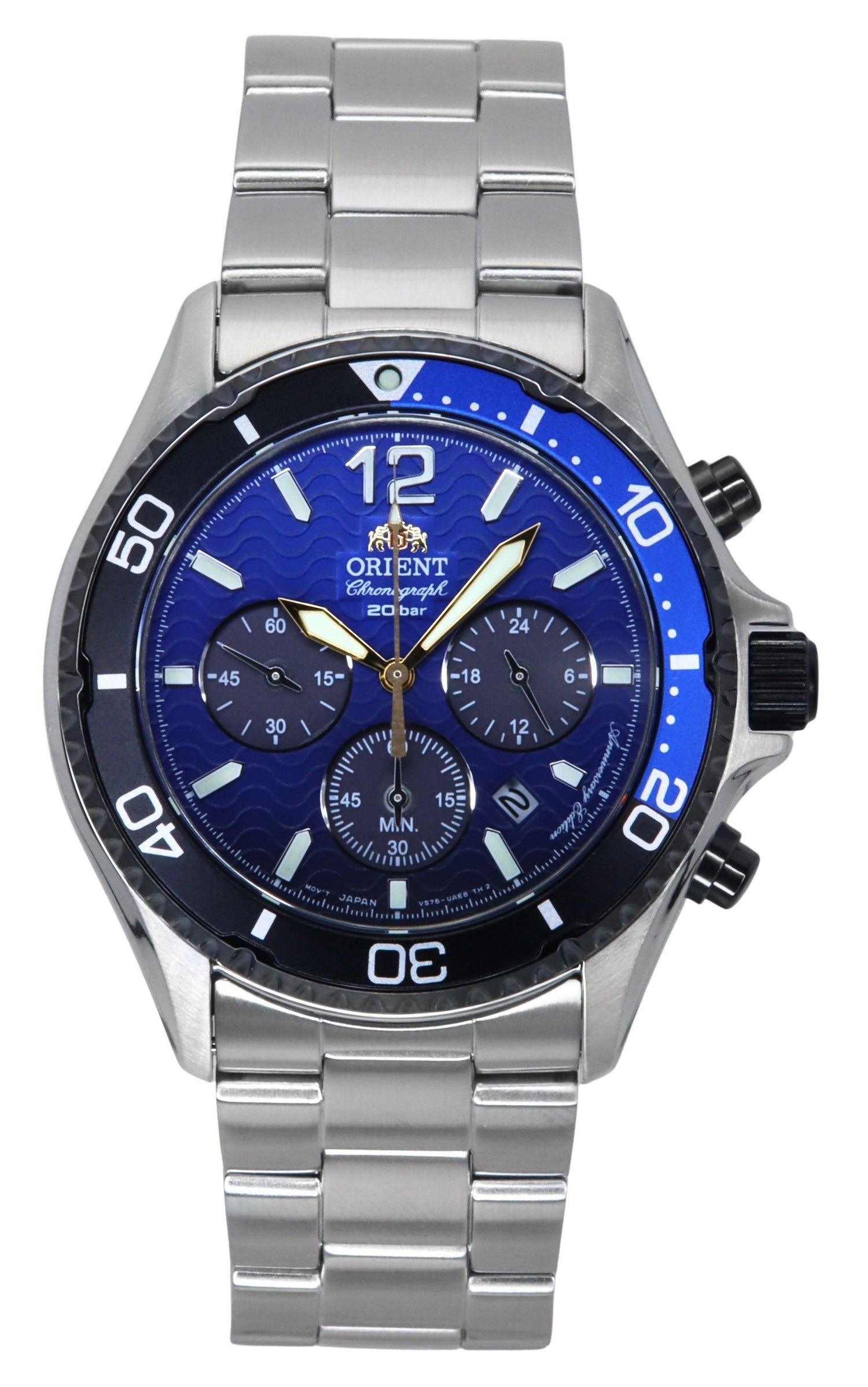 Orient Sports The 20th anniversary Limited Edition Blue. A brand-new Orient Sports watch featuring a Blue Gradation dial and a Stainless steel strap. Side view.