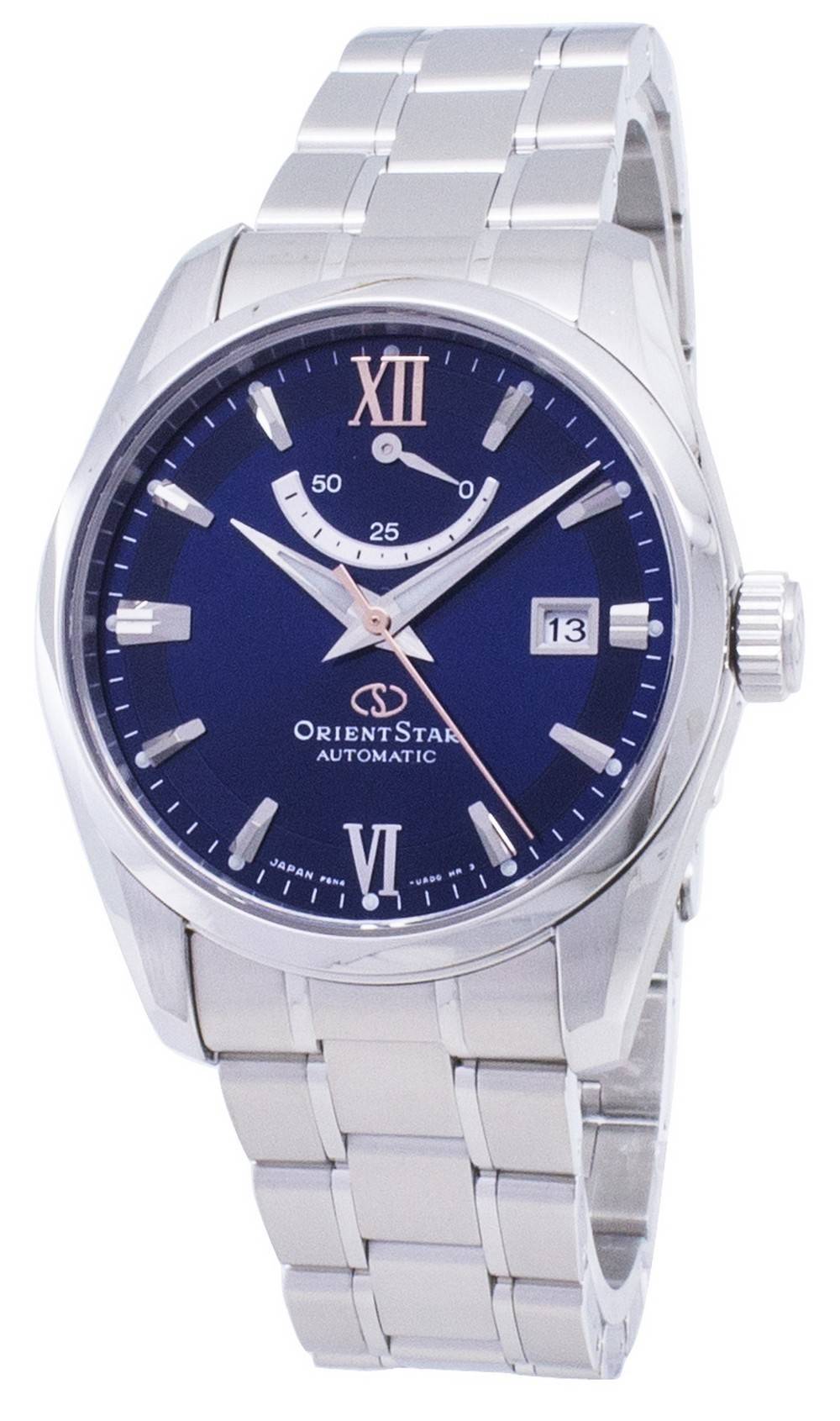 Orient Star Automatic Power Reserve Japan Made. A brand-new Orient Star watch featuring a Stainless steel strap. Front view.