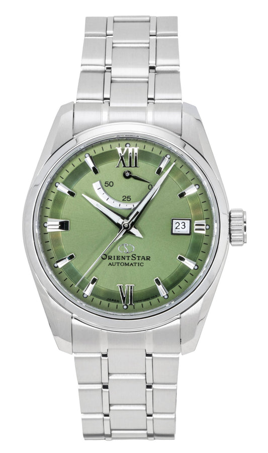 Orient Star Contemporary Stainless Steel Green Dial. A brand-new Orient Star watch featuring a Green dial and a Stainless steel strap. Front view.